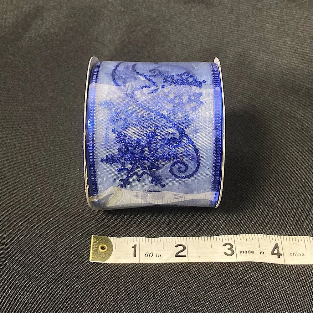 ⭐️ Christmas House Glittery Blue Snowflake Wire Edged Craft Ribbon 2.5” x 108”